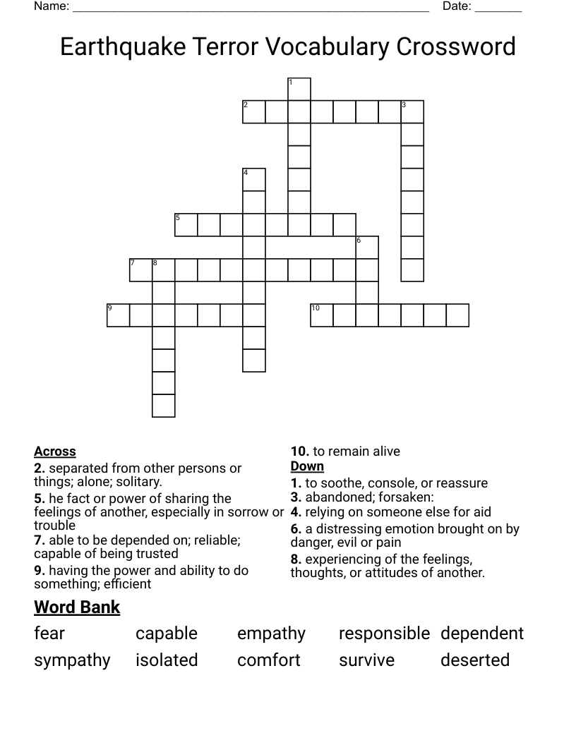 Earthquake Terror Vocabulary Crossword