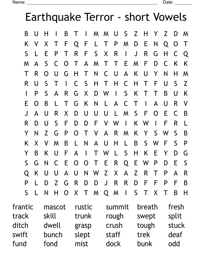Earthquake Terror -  short Vowels  Word Search