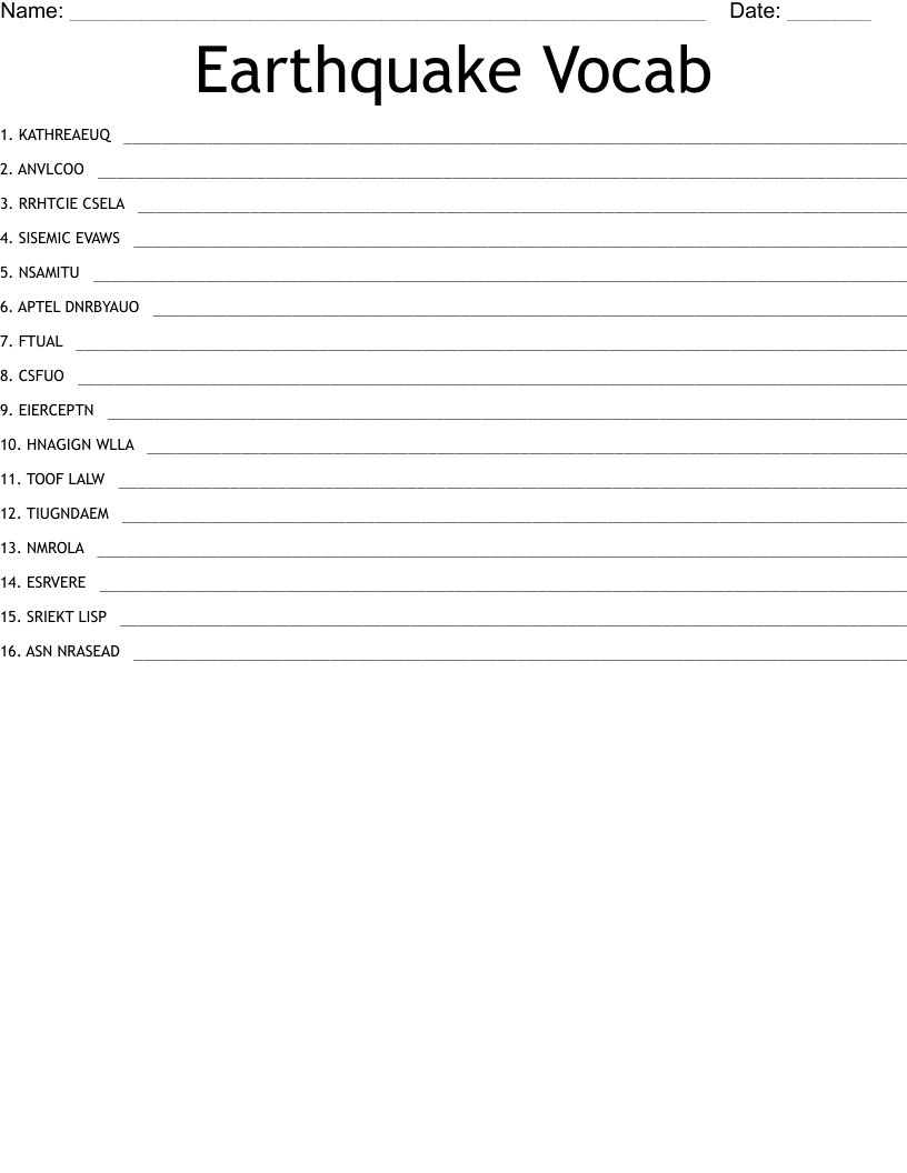 Earthquake Vocab Word Scramble