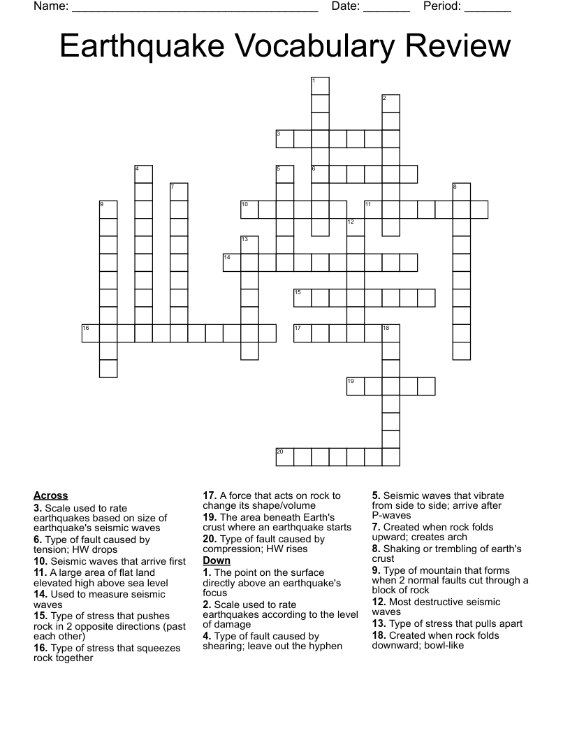 Earthquake Vocabulary Review Crossword