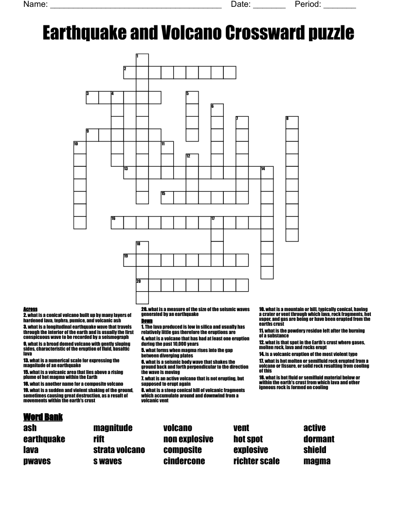 Earthquake and Volcano Crossward puzzle  Crossword