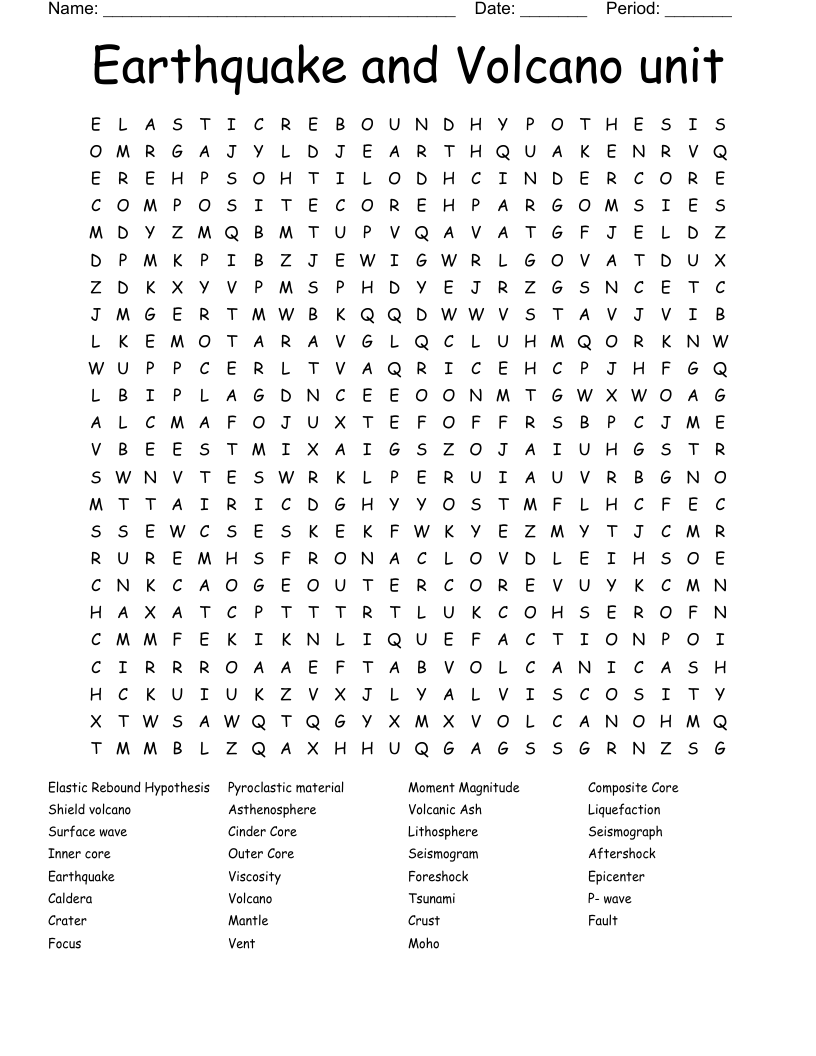 Earthquake and Volcano unit  Word Search