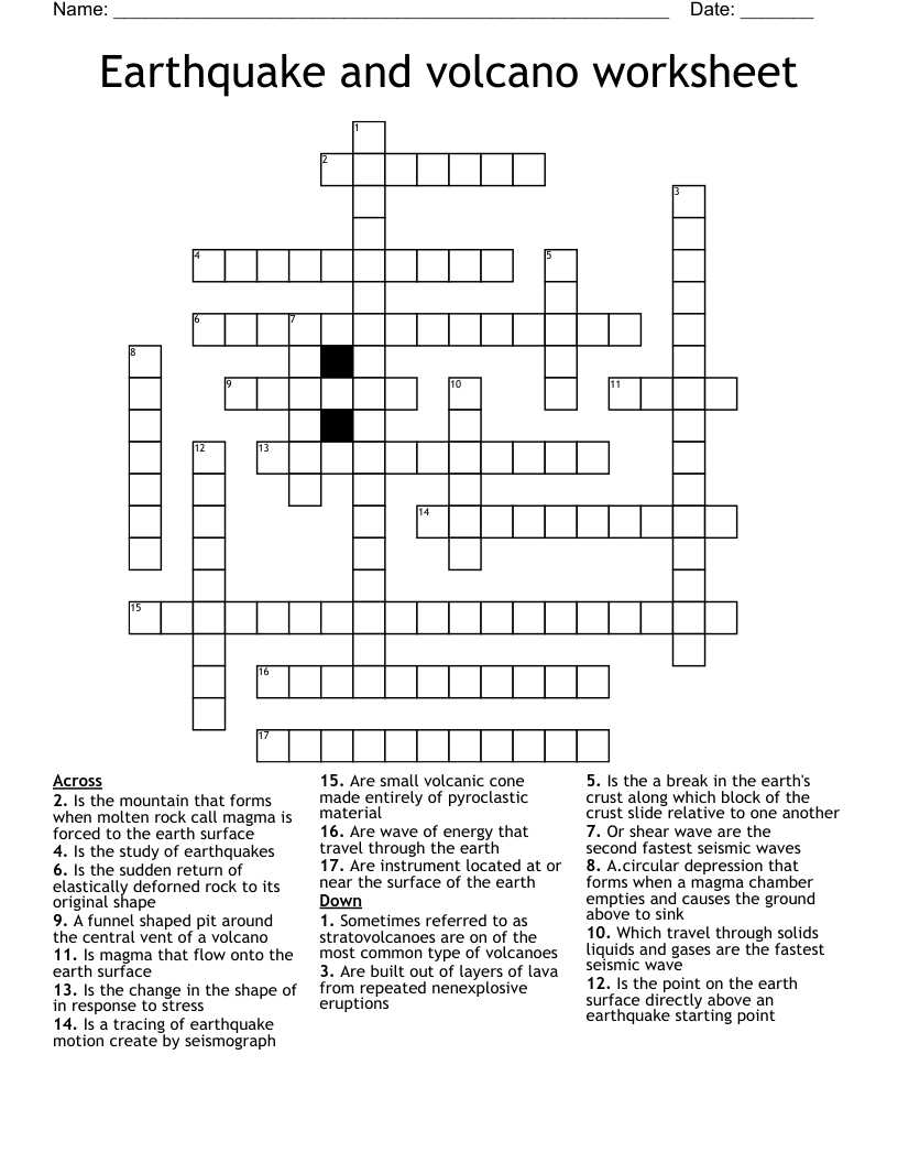 Earthquake and volcano worksheet  Crossword