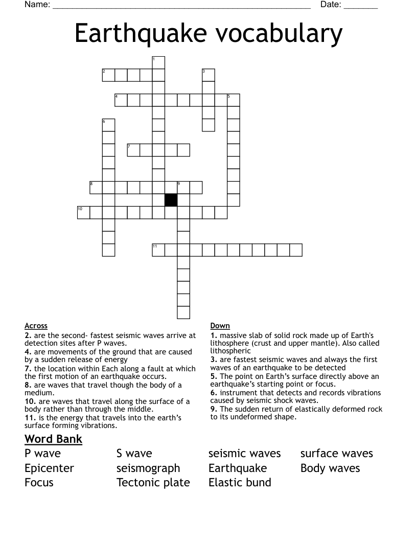 Earthquake vocabulary Crossword