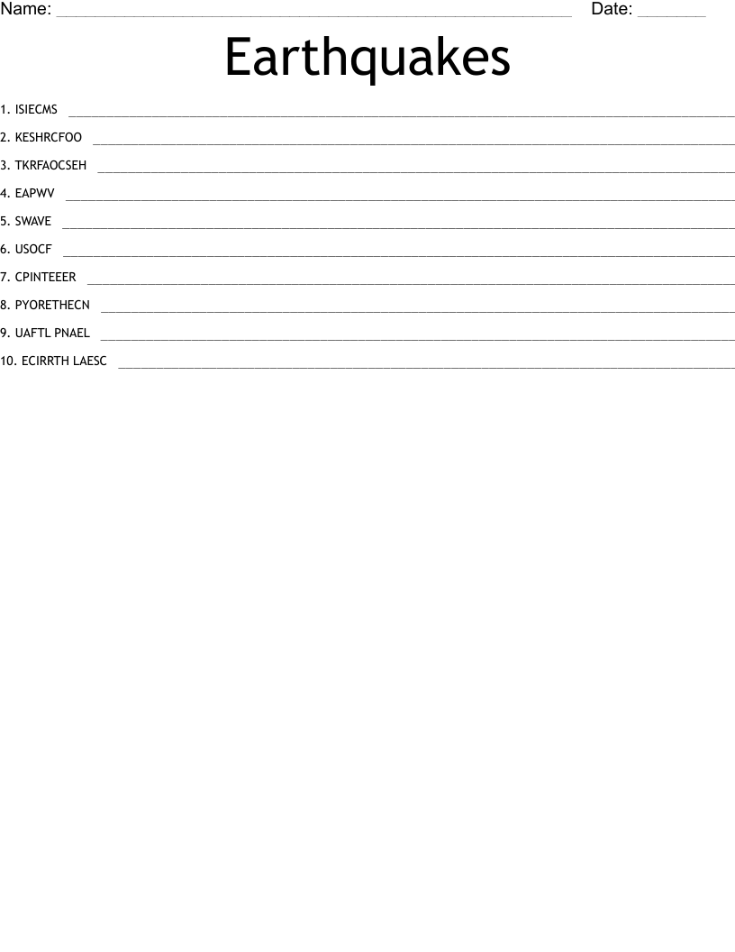 Earthquakes Word Scramble