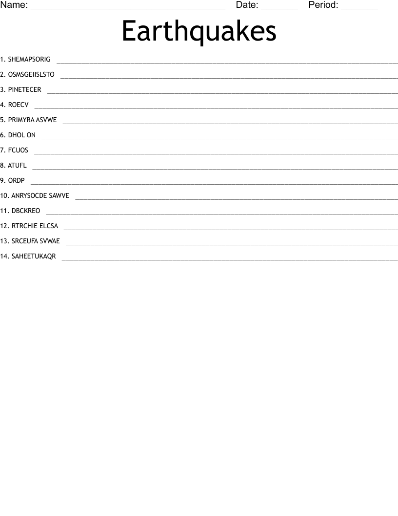Earthquakes Word Scramble