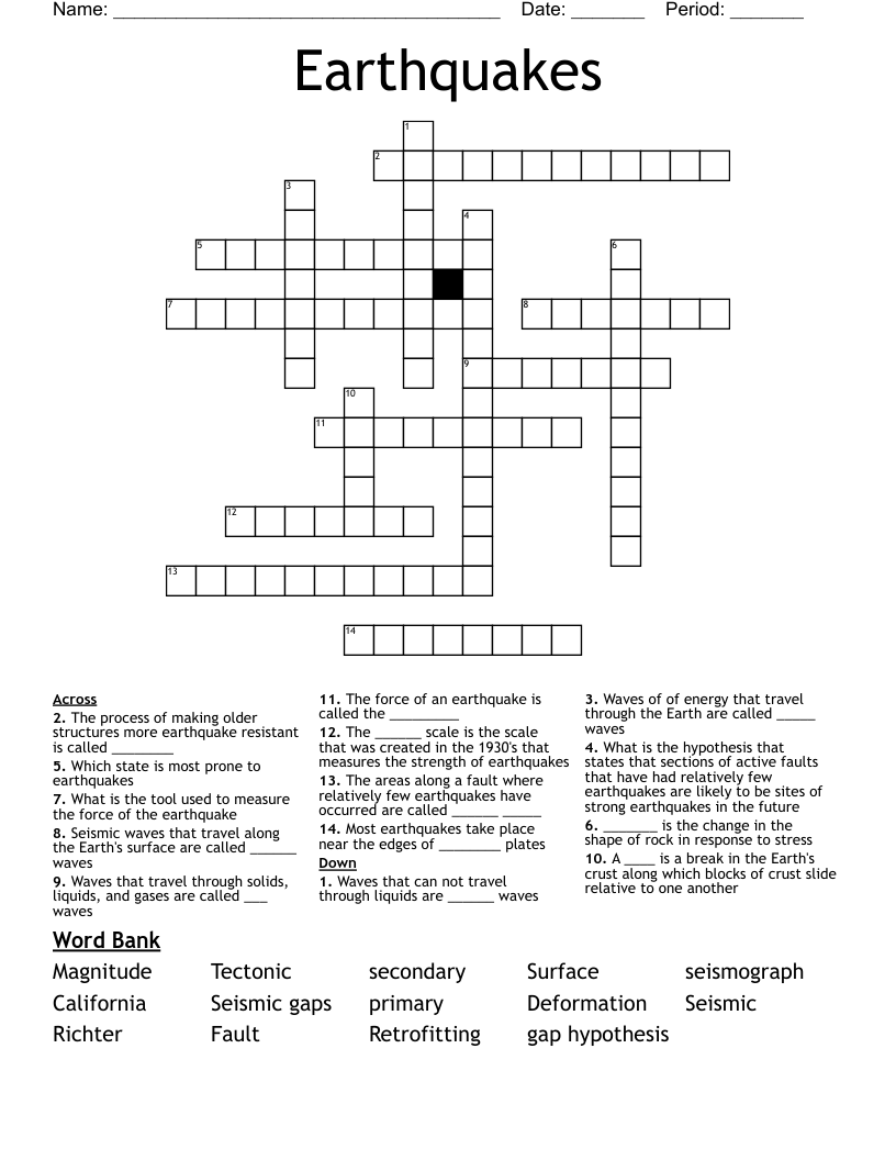 Earthquakes Crossword