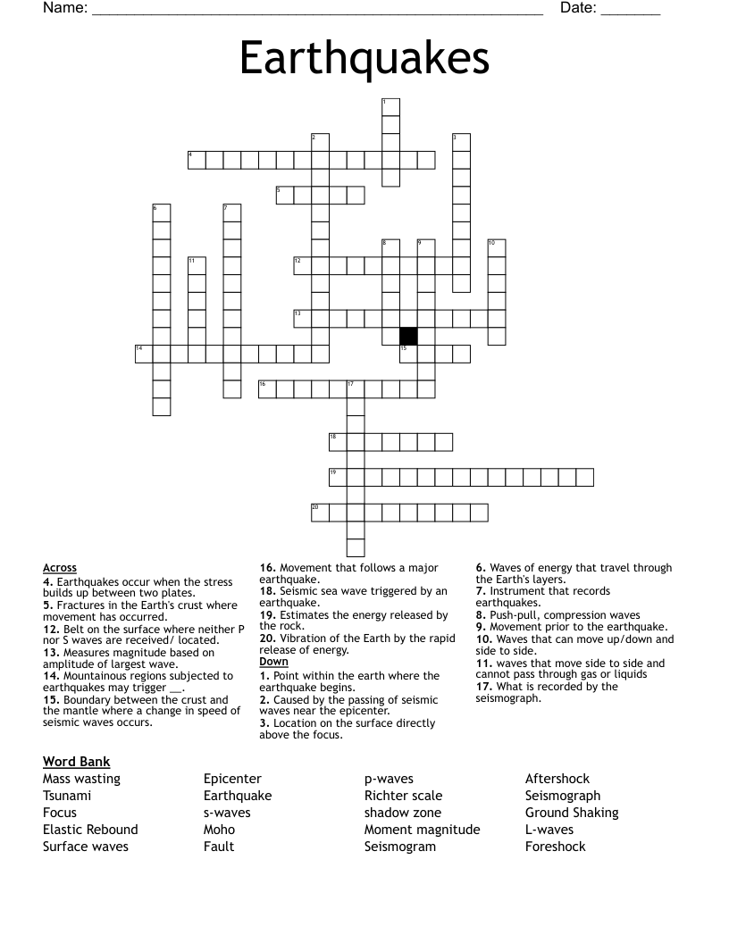 Earthquakes Crossword