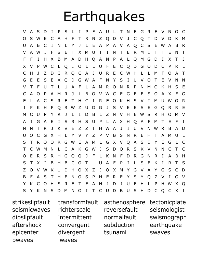Earthquakes Word Search