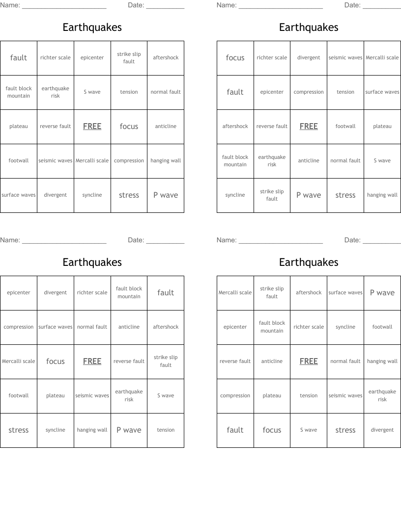 Earthquakes Bingo Cards