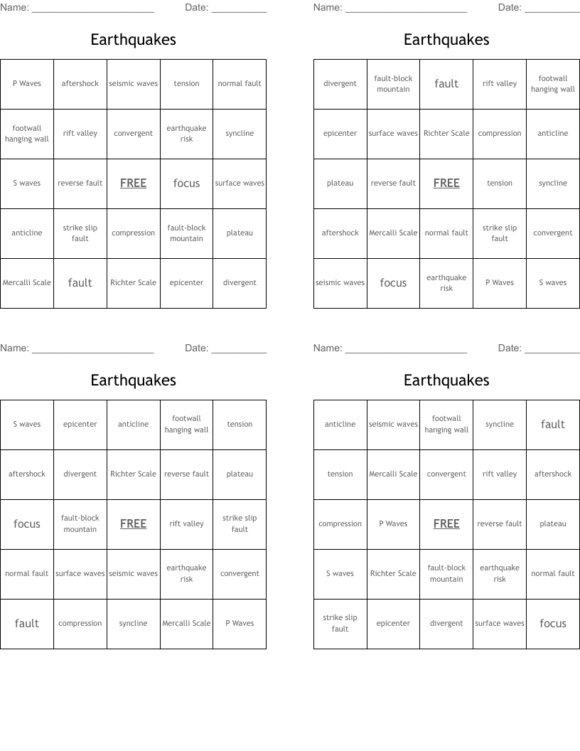Earthquakes Bingo Cards