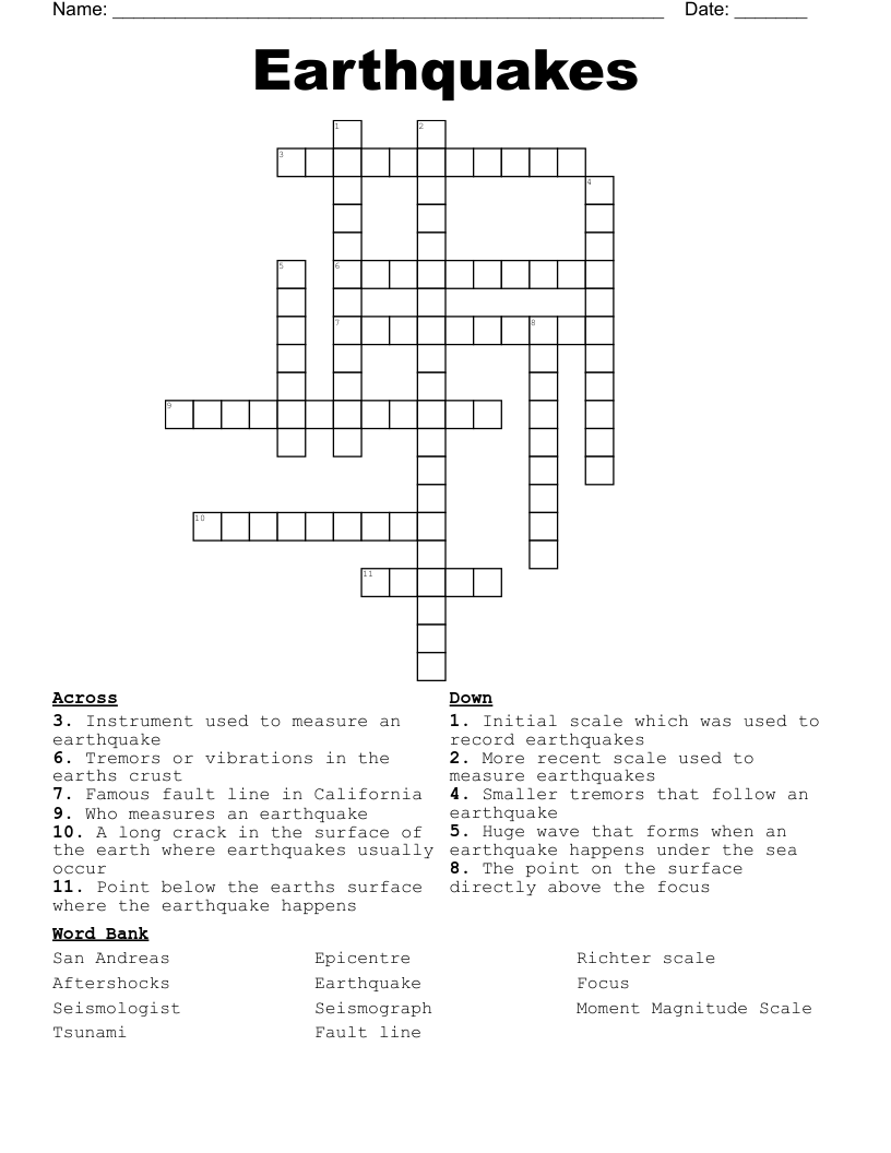 Earthquakes Crossword