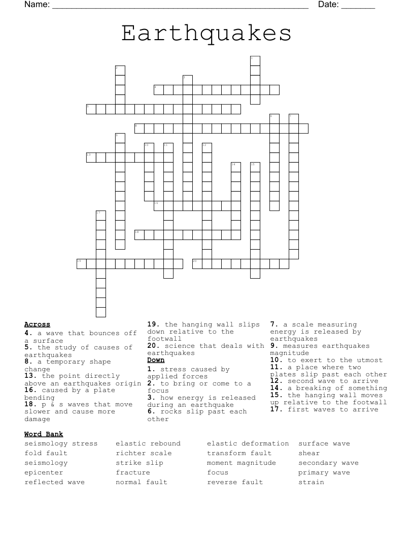 Earthquakes Crossword