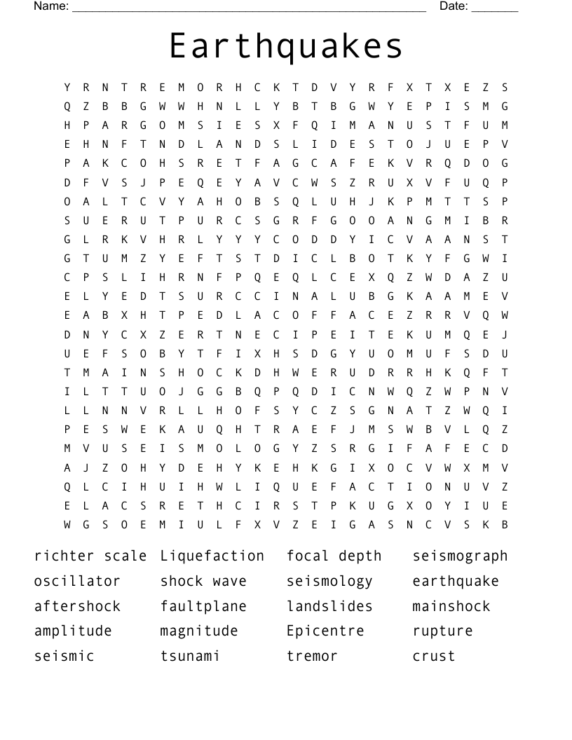 Earthquakes Word Search