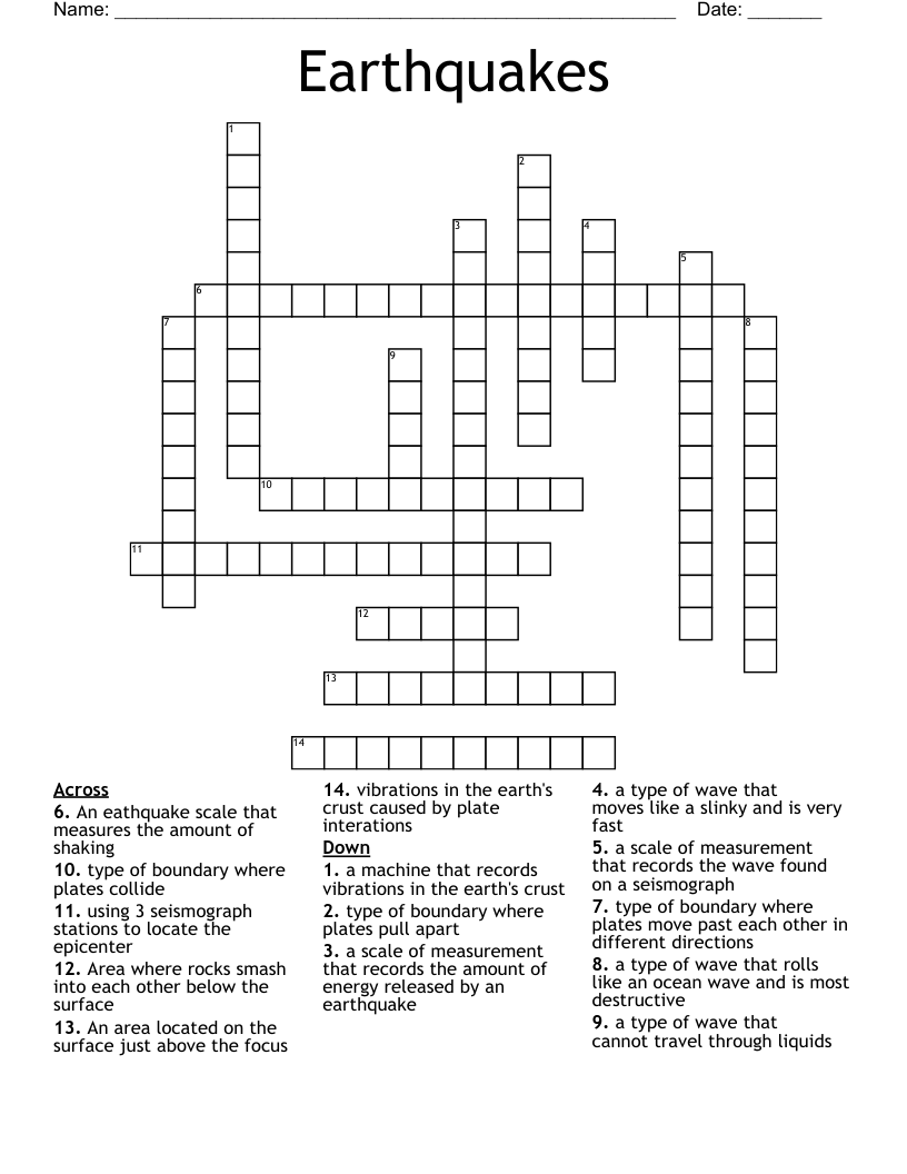 Earthquakes Crossword