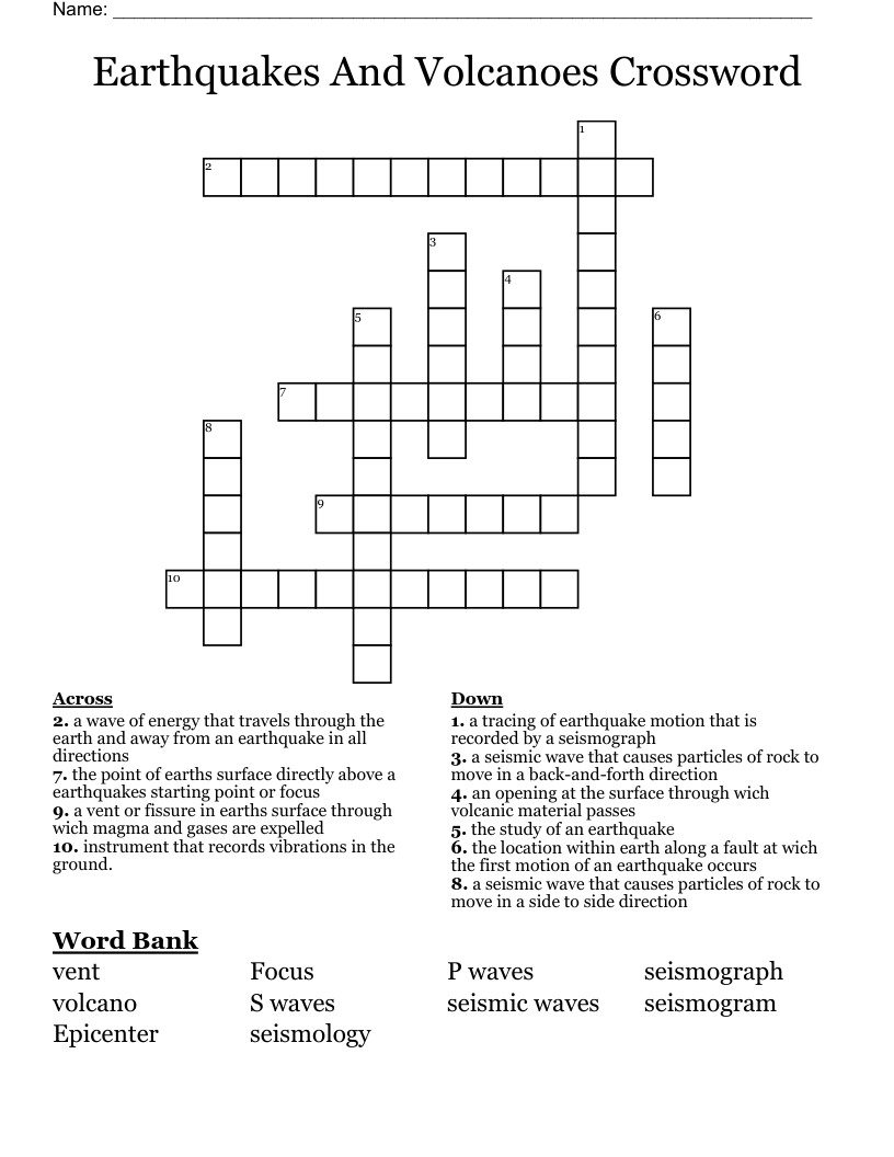 Earthquakes And Volcanoes Crossword
