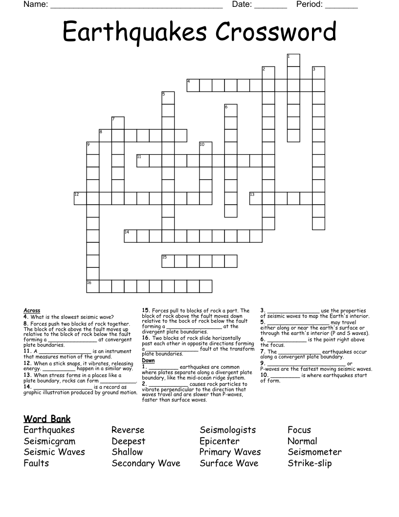 Earthquakes Crossword