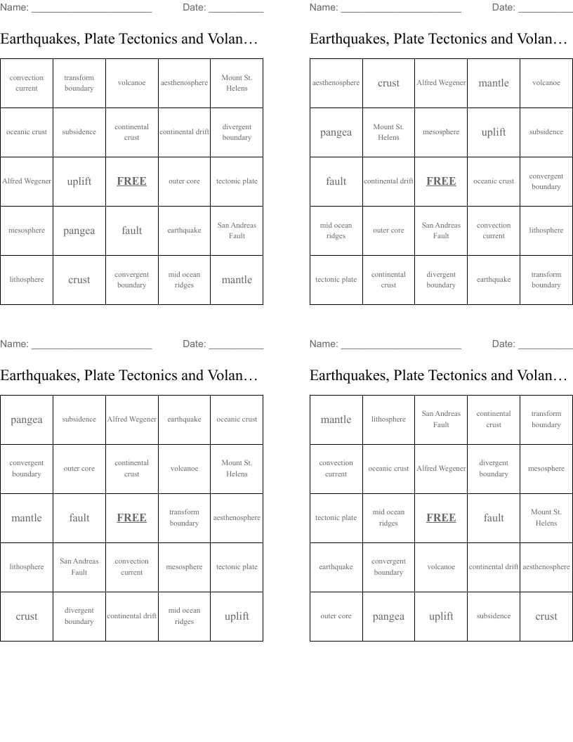 Earthquakes, Plate Tectonics and Volanoes Bingo Cards