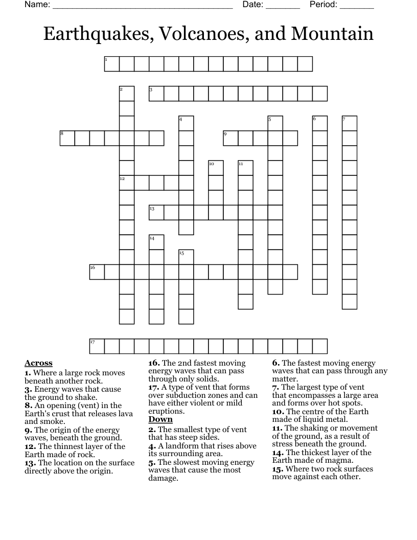 Earthquakes, Volcanoes, and Mountain Crossword