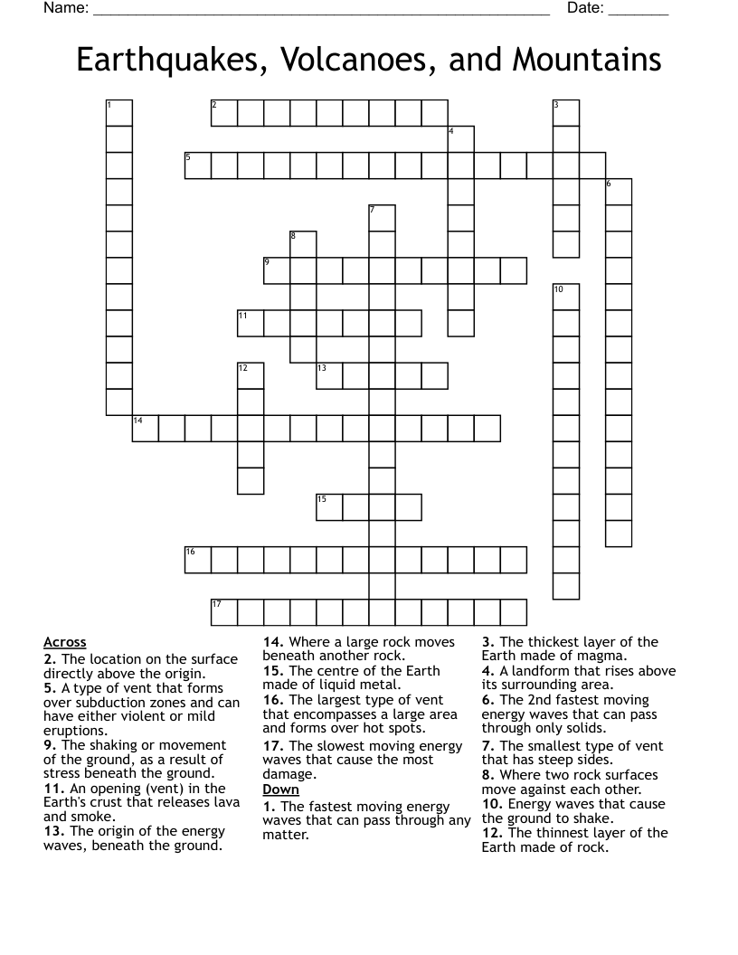 Earthquakes, Volcanoes, and Mountains Crossword
