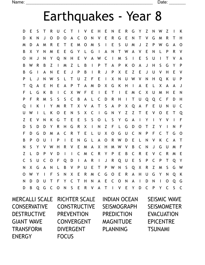 Earthquakes - Year 8 Word Search