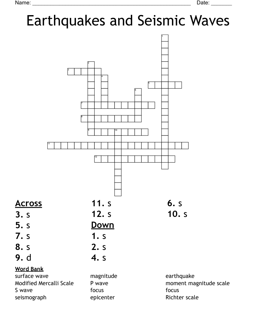 Earthquakes and Seismic Waves Crossword
