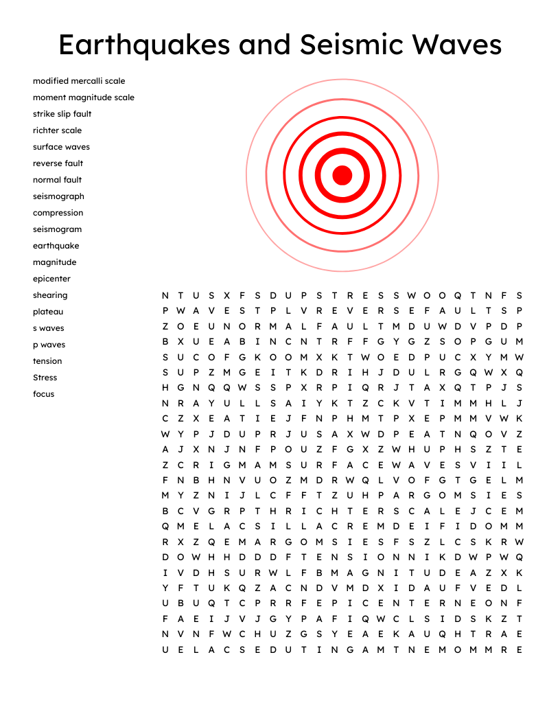 Earthquakes and Seismic Waves Word Search