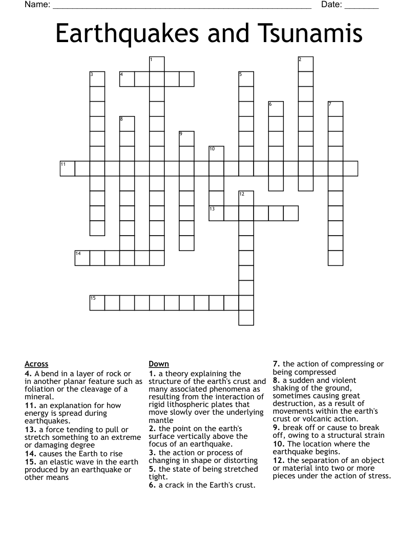 Earthquakes and Tsunamis Crossword