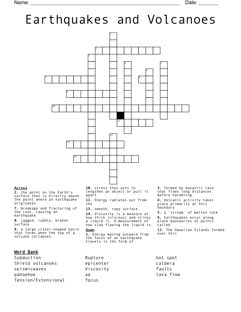 Earthquakes and Volcanoes Crossword
