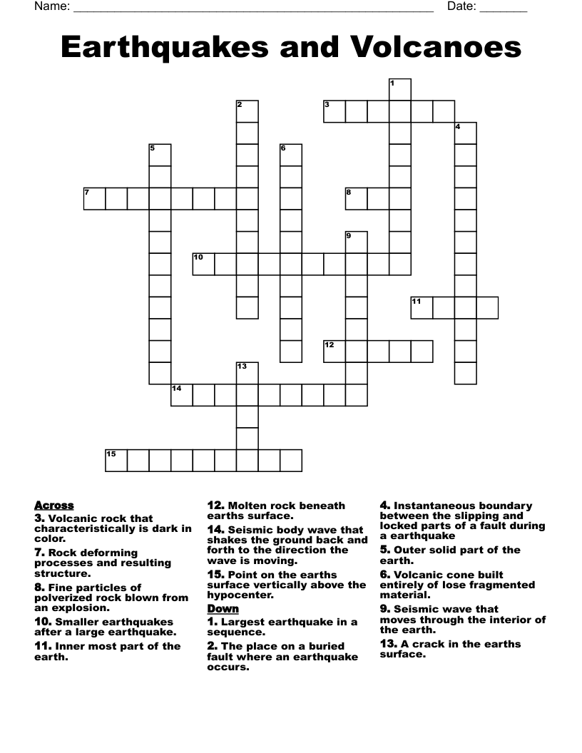 Earthquakes and Volcanoes Crossword