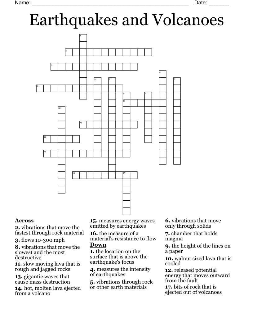 Earthquakes and Volcanoes Crossword