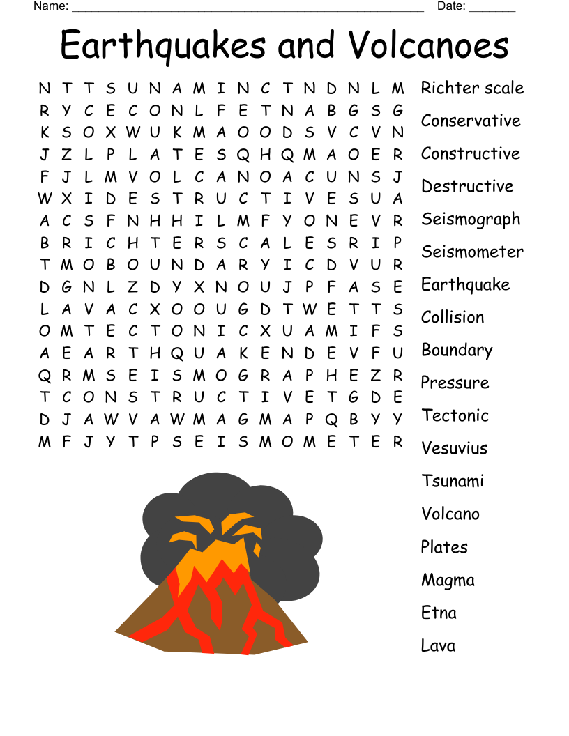 Earthquakes and Volcanoes Word Search