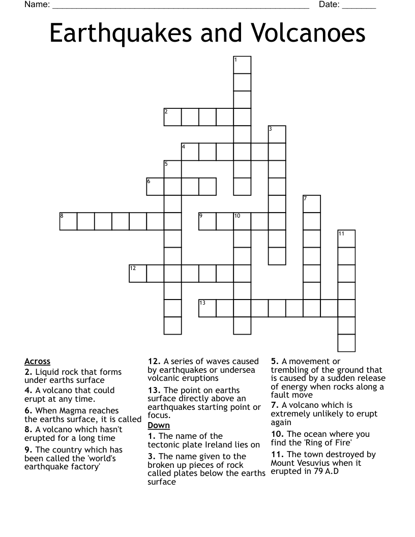 Earthquakes and Volcanoes Crossword
