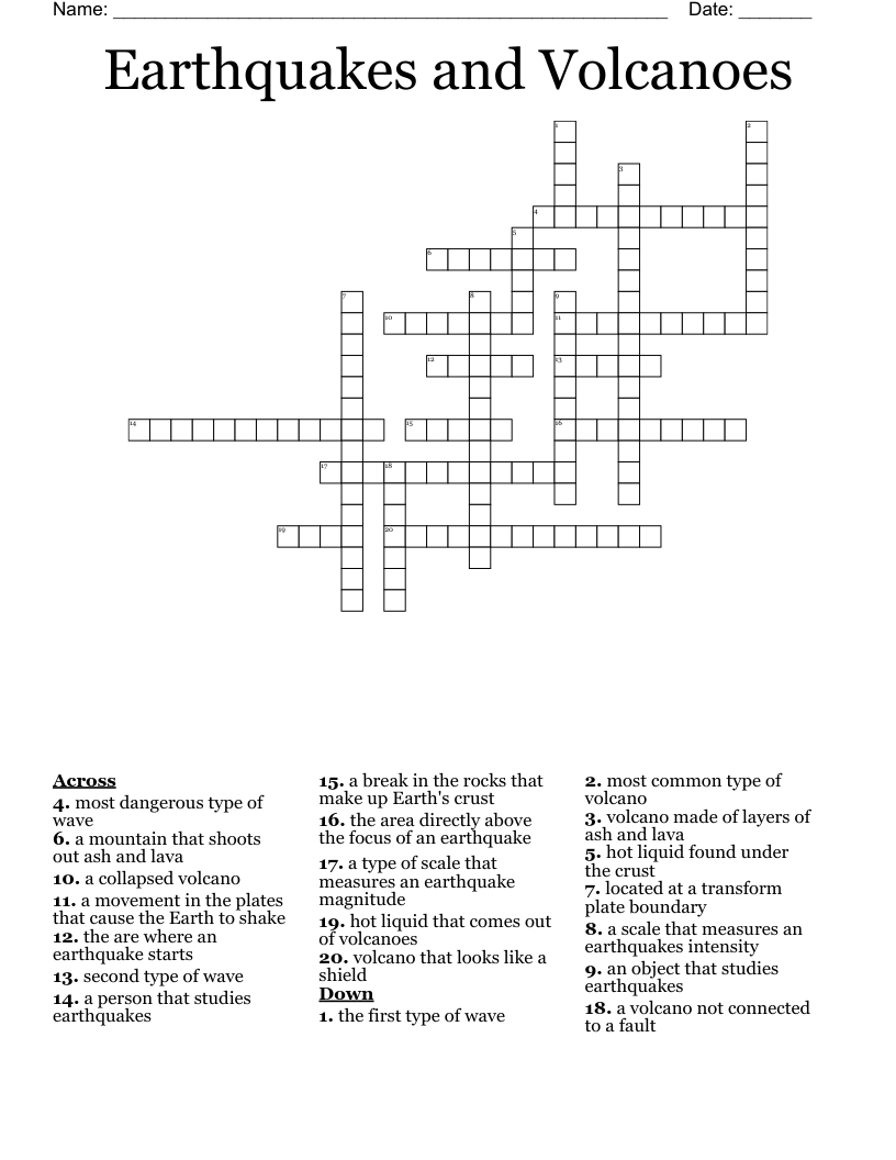 Earthquakes and Volcanoes Crossword