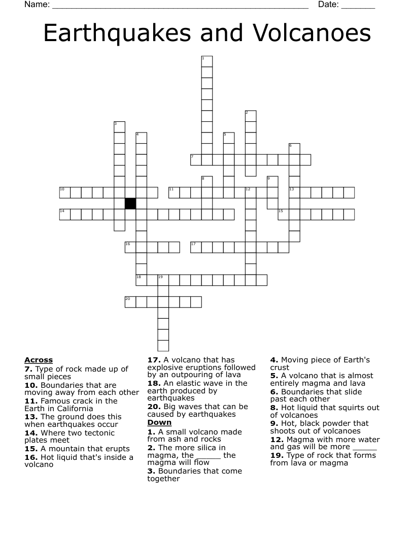 Earthquakes and Volcanoes Crossword
