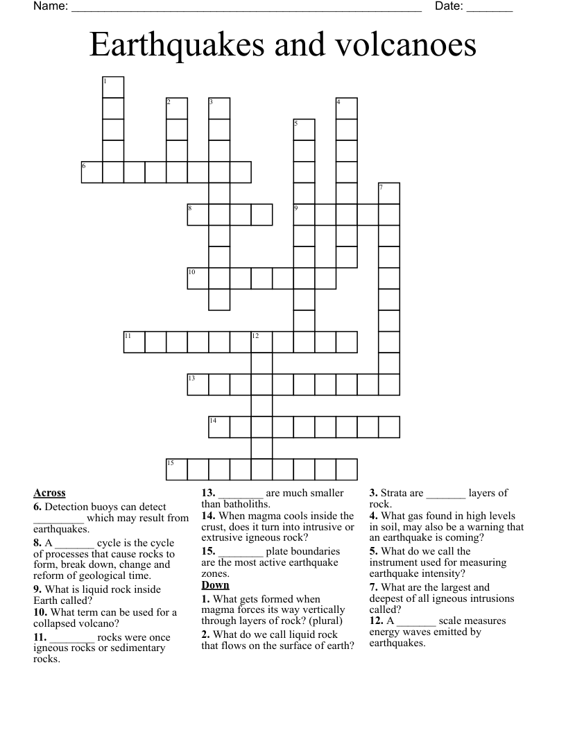 Earthquakes and volcanoes Crossword
