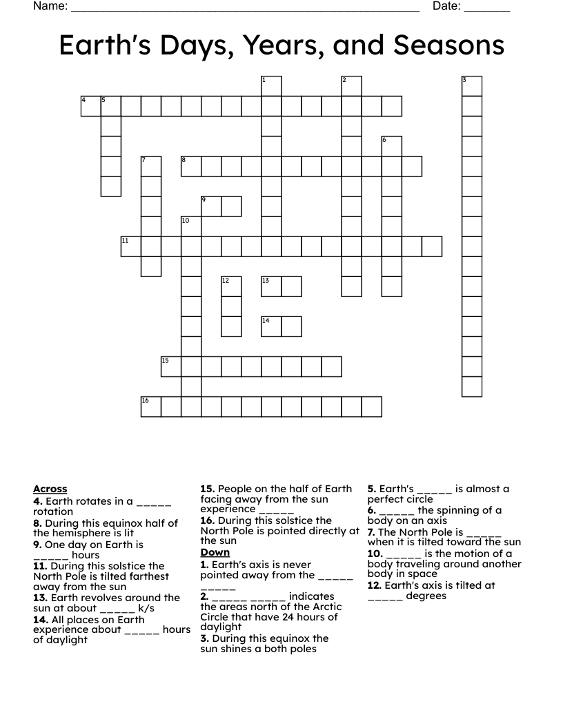 Earth's Days, Years, and Seasons Crossword