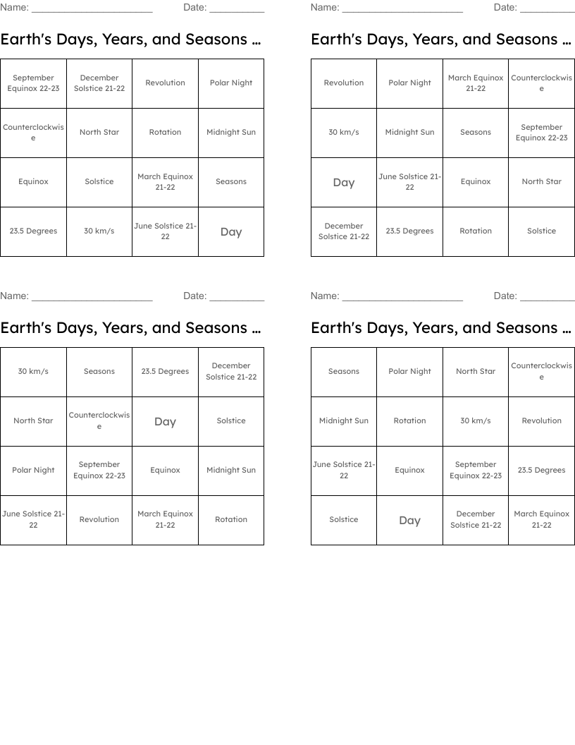 Earth's Days, Years, and Seasons BINGO