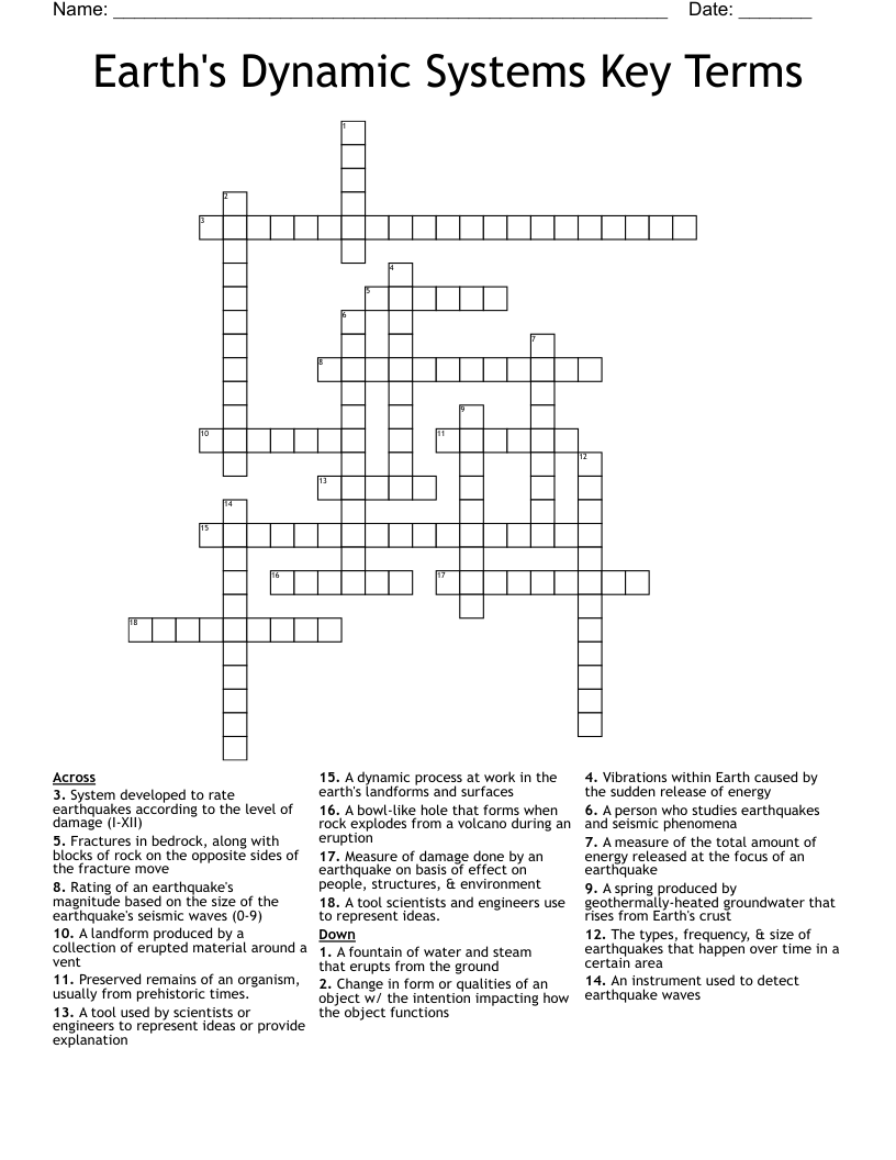 Earth's Dynamic Systems Key Terms Crossword