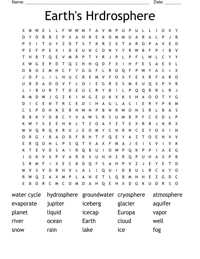 Earth's Hrdrosphere Word Search