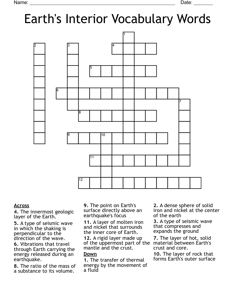 Earth's Interior Vocabulary Words Crossword