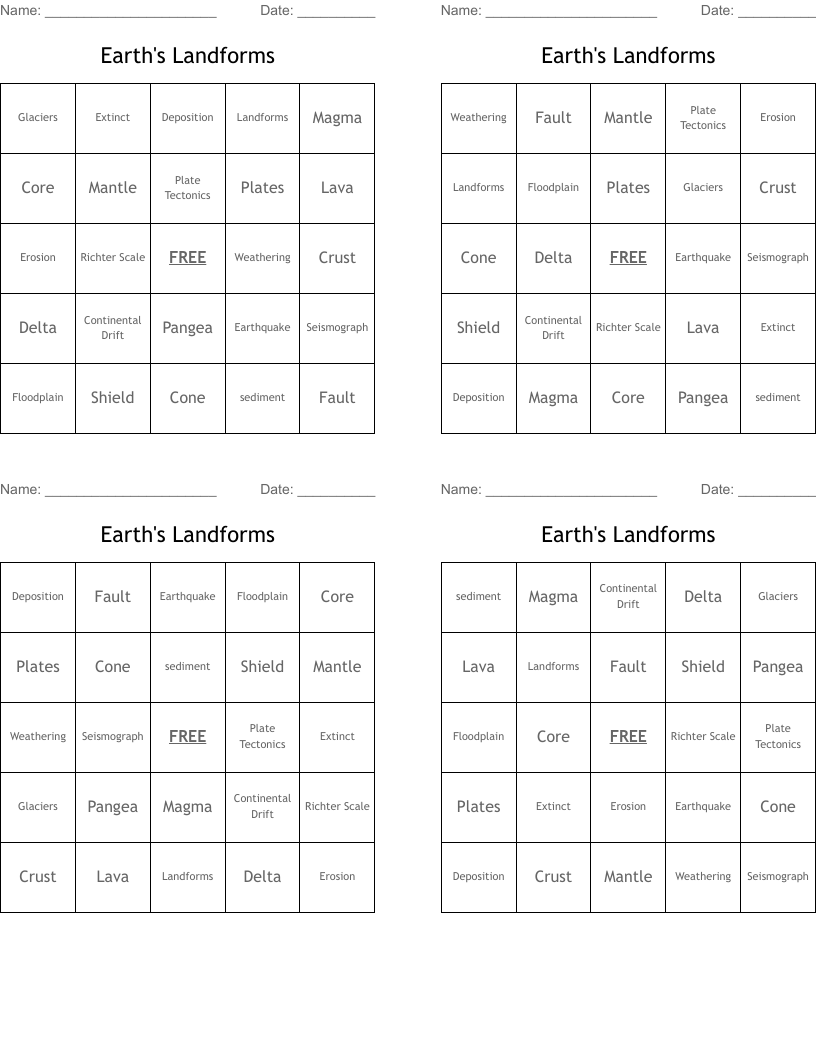 Earth's Landforms Bingo Cards