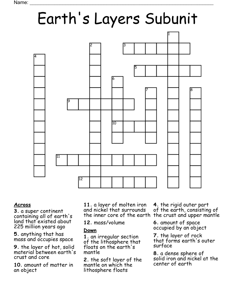 Earth's Layers Subunit Crossword