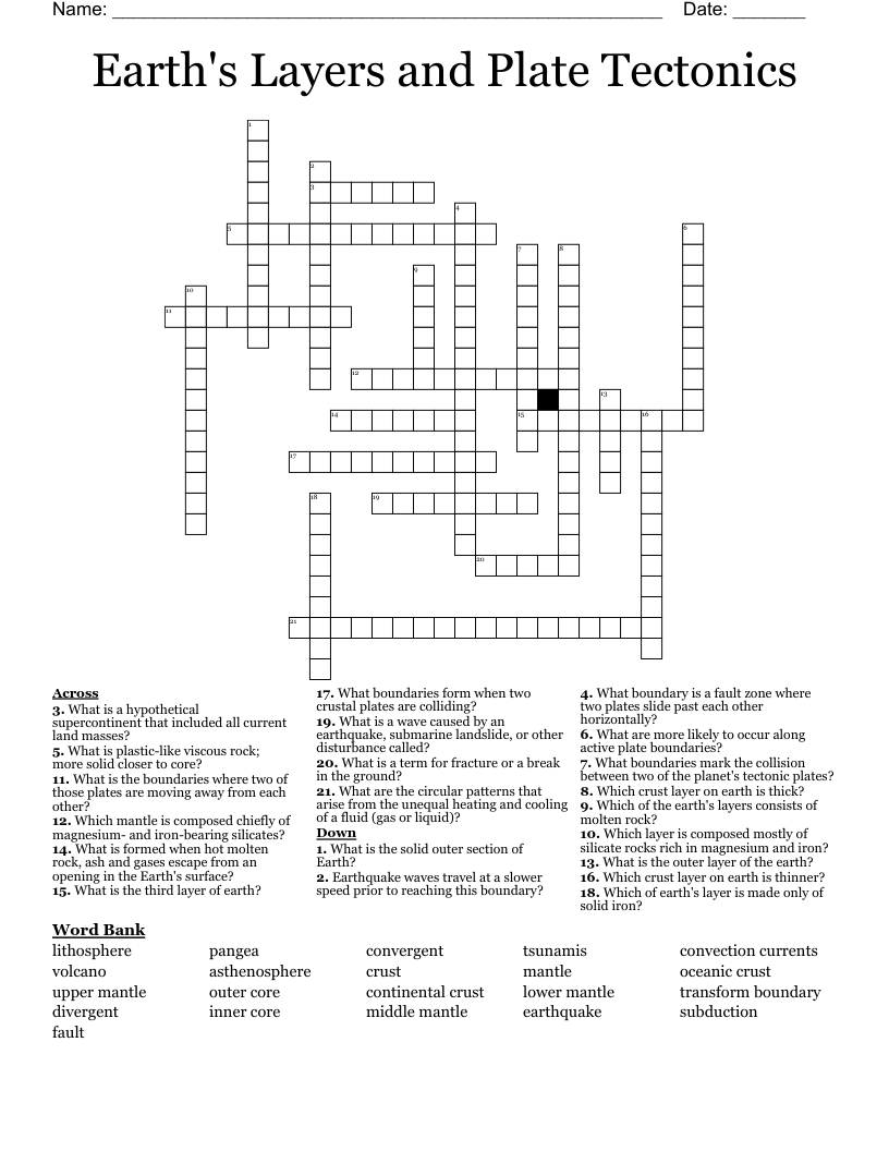Earth's Layers and Plate Tectonics Crossword