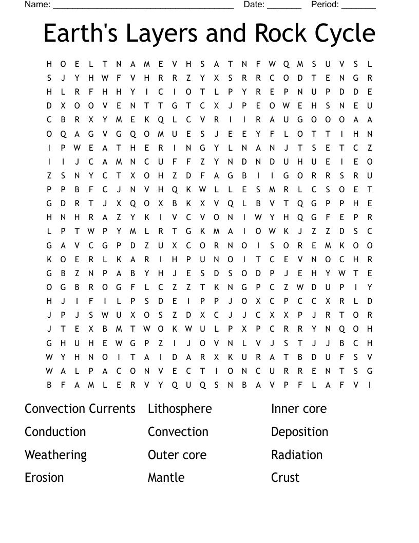 Earth's Layers and Rock Cycle Word Search
