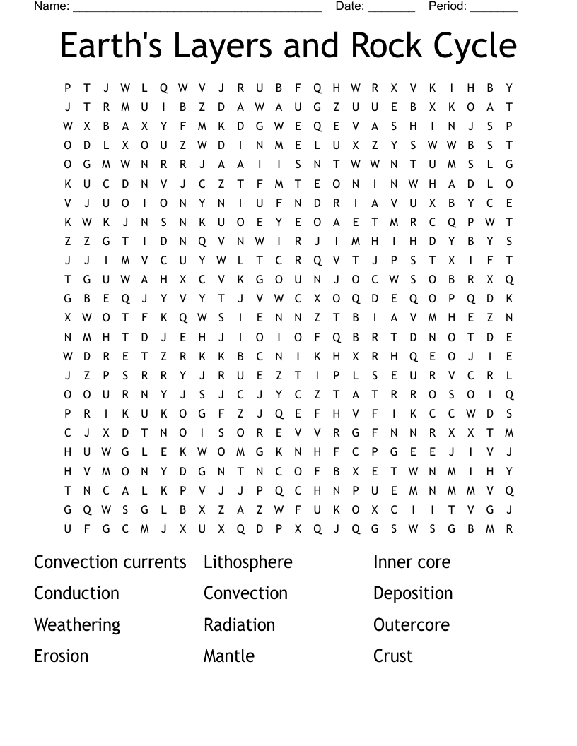 Earth's Layers and Rock Cycle Word Search