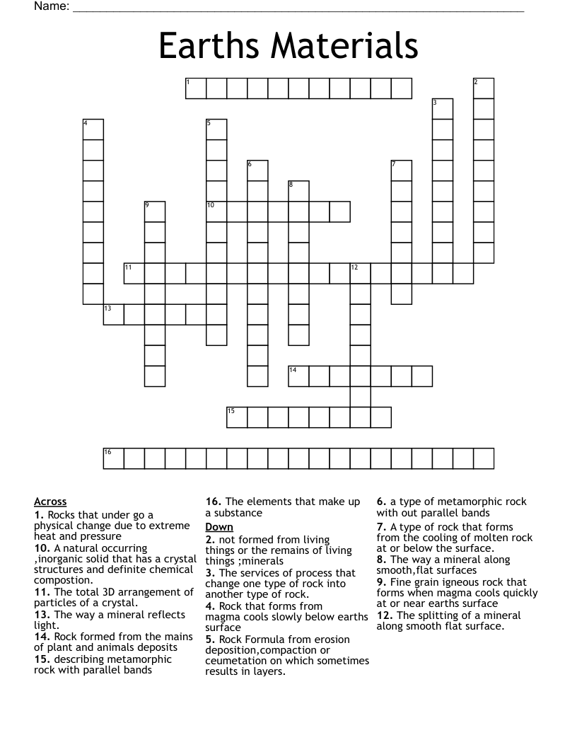 Earths Materials Crossword