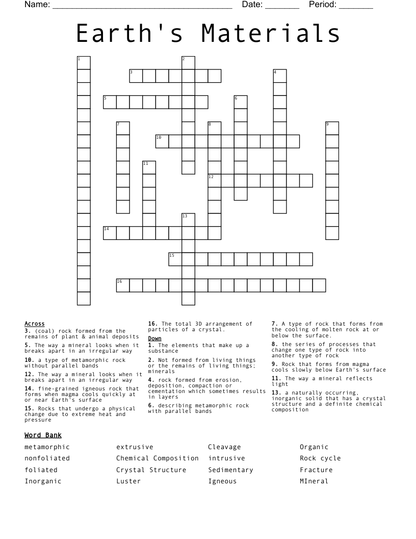 Earth's Materials Crossword