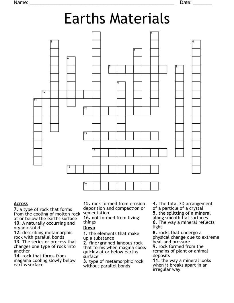 Earths Materials Crossword