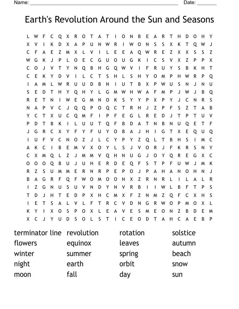 Earth's Revolution Around the Sun and Seasons Word Search